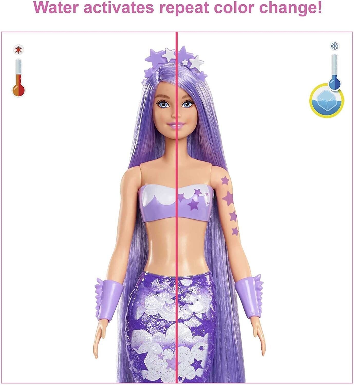 Barbie Rainbow Mermaid Series Water Reveal Unbox for 7 Surprises. Experience the ultimate unboxing surprise with Barbie Color Reveal! Each set includes seven surprises and a guaranteed colorful mermaid doll. HCC46 thumbnail