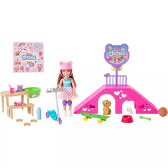 Barbie Chelsea Doll & Skate Park Playset with 2 Puppies, Ramp & 15+ Accessories