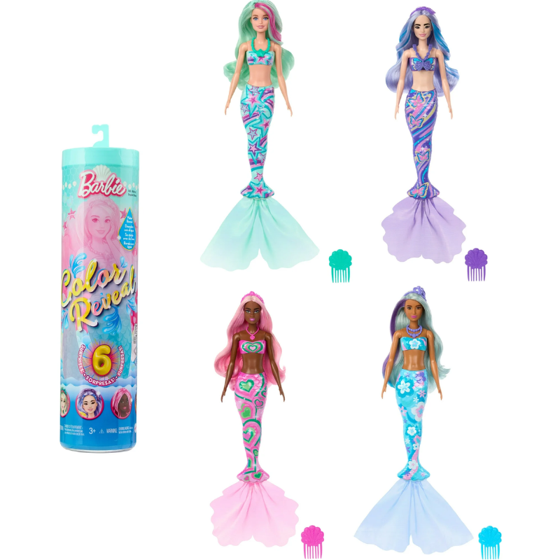 Barbie Color Reveal Mermaid Series Doll & Accessories with 6 Surprises Packed with 6 exciting surprises, Barbie Color Reveal dolls bring ocean-themed fun to life HRK12 thumbnail