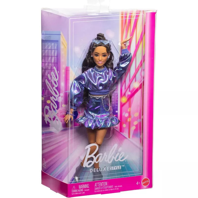 Barbie Deluxe Style Doll #7 in Metallic Blue Top and Skirt, Wavy Brown Hair, Accessories thumbnail