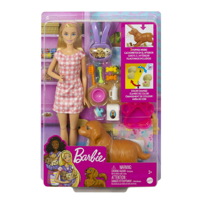 Barbie Doll & Newborn Pets Playset with Pregnant Mom Dog, Color-Change Puppies & Accessories, Blonde Barbie® doll's knees bend, and she comes 10 accessories that include toys, food and more, to play out pet care! HCK75 thumbnail