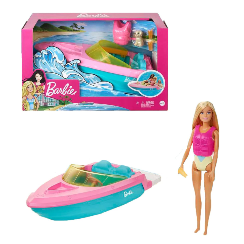 Barbie Doll & Toy Boat Playset with Pet Puppy, Life Vest & Beverage Accessories. This playset features a Barbie doll, boat, and accessories, sparking imaginative role-playing and offering children endless storytelling adventures. GRG30