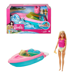 Barbie Doll & Toy Boat Playset with Pet Puppy, Life Vest & Beverage Accessories. This playset features a Barbie doll, boat, and accessories, sparking imaginative role-playing and offering children endless storytelling adventures. GRG30