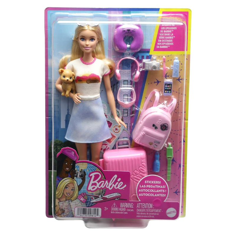Barbie Doll and Accessories, 'Malibu' Travel Set with Puppy and 10+ Pieces Including Working Suitcase. The suitcase opens and closes, offering a hands-on experience that teaches kids to stay organized while they pack for Barbie’s adventures. HJY18 thumbnail