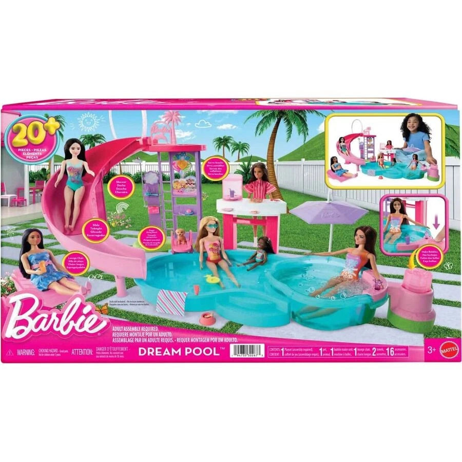 Barbie Dream Pool Playset with Slide, Bubbling Hot Tub, Fashionable Accessories, and Interactive Water Features thumbnail