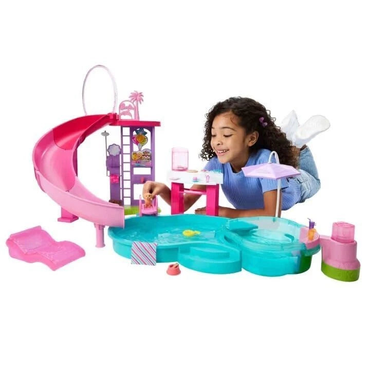 Barbie Dream Pool Playset with Slide, Bubbling Hot Tub, Fashionable Accessories, and Interactive Water Features