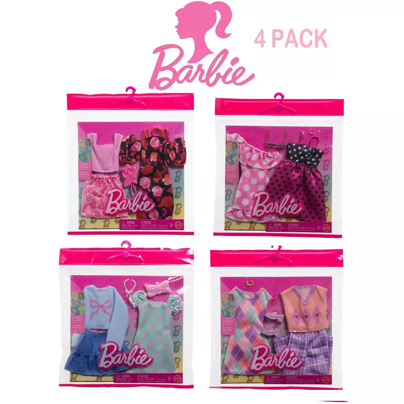 Barbie Fashion Outfit 4-Pack Bundle with Argyle, Polka Dot, Bow & Rose-Themed Clothing and Accessory Sets thumbnail