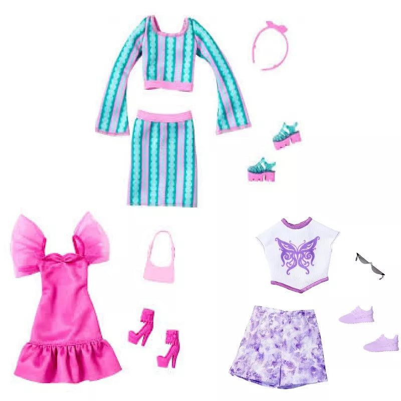 Barbie Fashion Outfit Bundle – Butterfly, Pink Party, Striped, Heart Print & Floral Sets with Accessories thumbnail