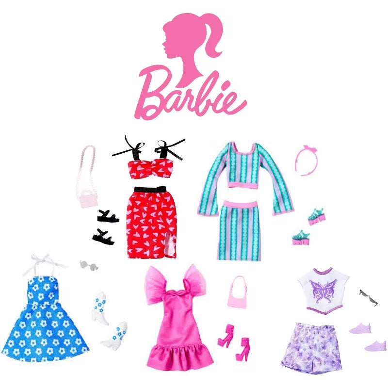 Barbie Fashion Outfit Bundle – Butterfly, Pink Party, Striped, Heart Print & Floral Sets with Accessories thumbnail