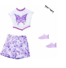 Barbie Fashion Outfit Set – Butterfly Top & Purple Tie-Dye Shorts