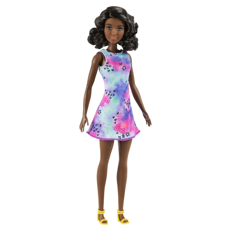Barbie Flower Dress African American Mattel Barbie Flower Dress - A vibrant dress featuring hearts and stars, paired with matching colorful shoes for an extra pop. Her brunette hair is styled in curls for a contemporary look. GVJ98 thumbnail