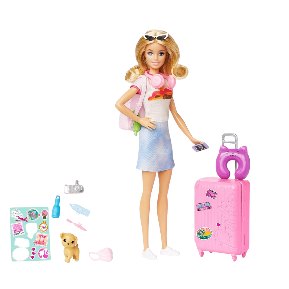 Barbie Doll and Accessories, 'Malibu' Travel Set with Puppy and 10+ Pieces Including Working Suitcase. The suitcase opens and closes, offering a hands-on experience that teaches kids to stay organized while they pack for Barbie’s adventures. HJY18 thumbnail