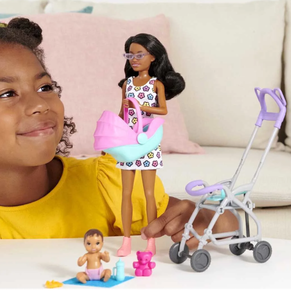 Barbie Skipper Babysitters Inc. Stroller Playset with Babysitter & Baby Dolls, Plus 5 Accessories. Babysitting Adventures Ahead!  Kids can take care of this sweet baby with the Barbie® Skipper™ Babysitters Inc™ dolls and playset! HHB68 thumbnail