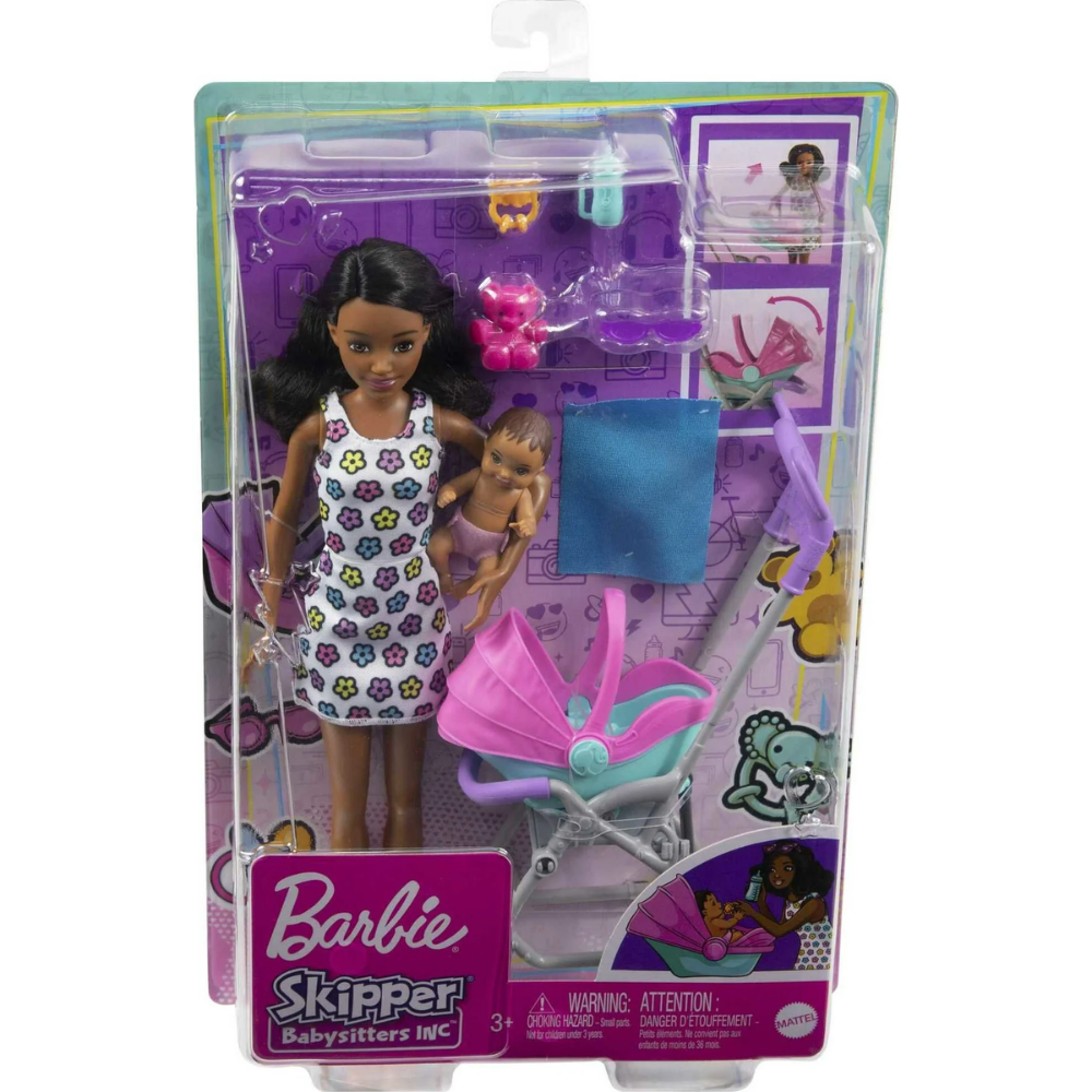 Barbie Skipper Babysitters Inc. Stroller Playset with Babysitter & Baby Dolls, Plus 5 Accessories. Babysitting Adventures Ahead!  Kids can take care of this sweet baby with the Barbie® Skipper™ Babysitters Inc™ dolls and playset! HHB68 thumbnail