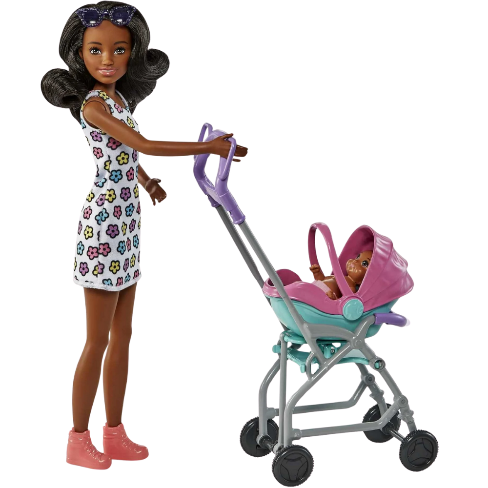 Barbie Skipper Babysitters Inc. Stroller Playset with Babysitter & Baby Dolls, Plus 5 Accessories. Babysitting Adventures Ahead!  Kids can take care of this sweet baby with the Barbie® Skipper™ Babysitters Inc™ dolls and playset! HHB68 thumbnail