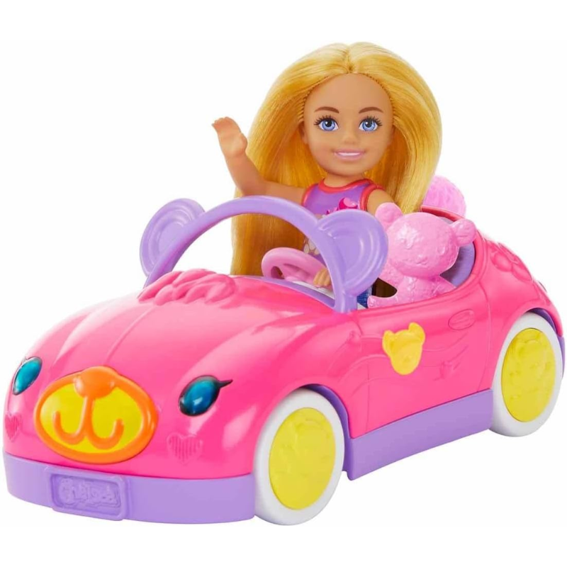 Barbie Chelsea Toy Car Set with Bear-Themed Convertible & Teddy Bear Accessory. Take a ride with Chelsea doll and her teddy bear in their cute convertible! HXN05 thumbnail