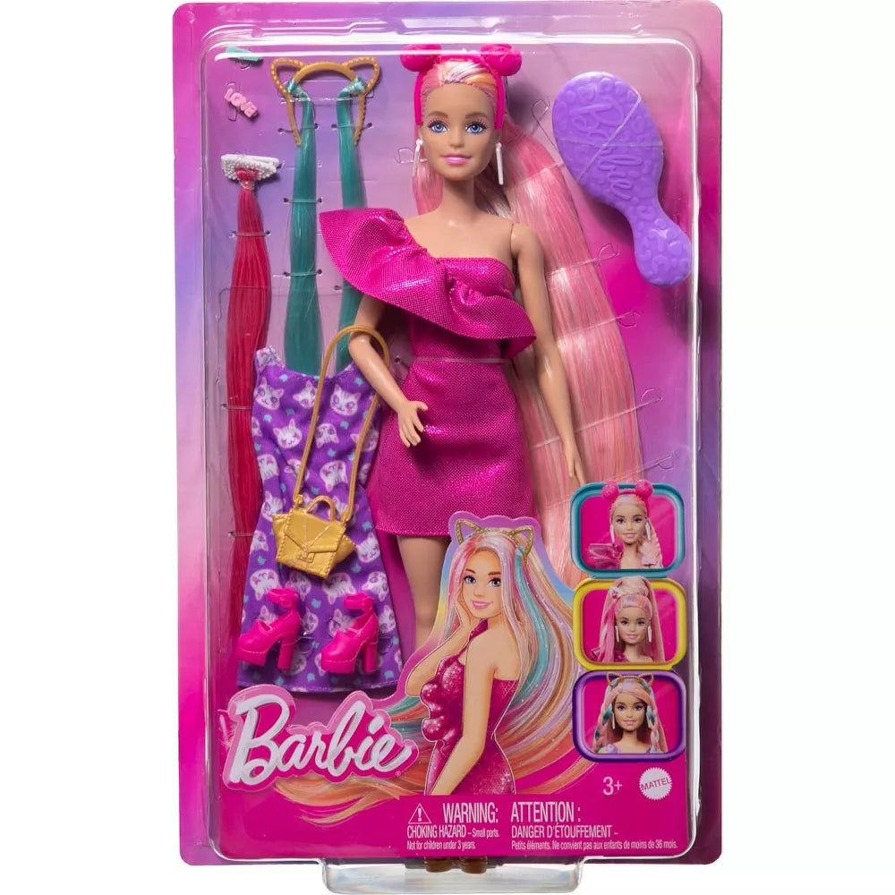 Barbie Fun & Fancy Hair Doll with Extra-Long Colorful Blonde Hair and Glossy Pink Dress for Creative Play thumbnail