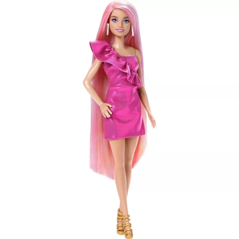 Barbie Fun & Fancy Hair Doll with Extra-Long Colorful Blonde Hair and Glossy Pink Dress for Creative Play thumbnail