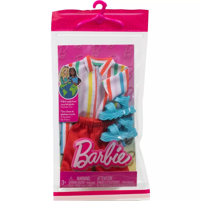 Barbie Ken Doll Clothing, Ken Fashion Pack with Striped Shirt, Red Shorts & Sandals (1 Outfit) thumbnail