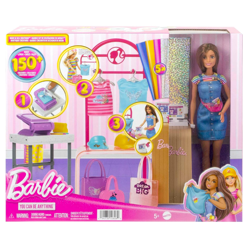Barbie Make & Sell Boutique Playset with Brunette Doll, Foil Design Tools, Clothes & Accessories. Kids can stitch their way into the fashion world with the Barbie Make & Sell Boutique playset! HKT78 thumbnail