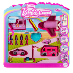 Barbie Mini BarbieLand Multi-Pack Doll & Toy Vehicle Set. Step into the imaginative world of Mini BarbieLand—a place where dreams come alive in miniature! This stylish 4-pack of mini vehicles and dolls is perfect for both play and display. HYF39-40-41-42