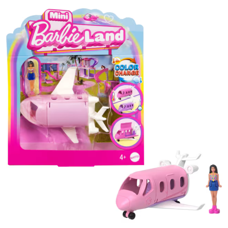 Barbie Mini BarbieLand Toy Vehicle Playset with 1.5-inch Doll & DreamPlane. This scaled-down version of the iconic Barbie Dreamplane features working doors and an exciting color-change transformation for added fun! HYF40 thumbnail