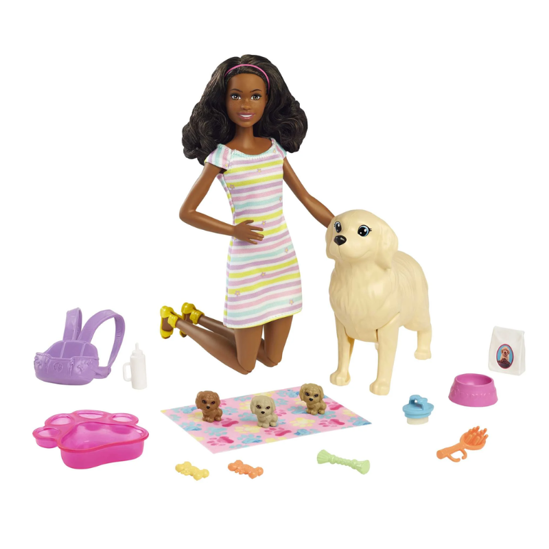 Barbie Pets Doll & Newborn Pups Playset with Mom Dog, 3 Color-Change Puppies & Accessories, Brunette. The Barbie Pup Adoption playset promotes caring play with Barbie doll, two puppies, accessories, and a color-change feature for added fun. HCK76