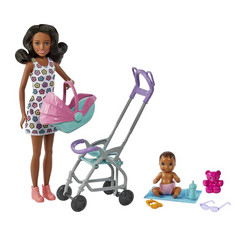 Barbie Skipper Babysitters Inc. Stroller Playset with Babysitter & Baby Dolls, Plus 5 Accessories. Babysitting Adventures Ahead!  Kids can take care of this sweet baby with the Barbie® Skipper™ Babysitters Inc™ dolls and playset! HHB68