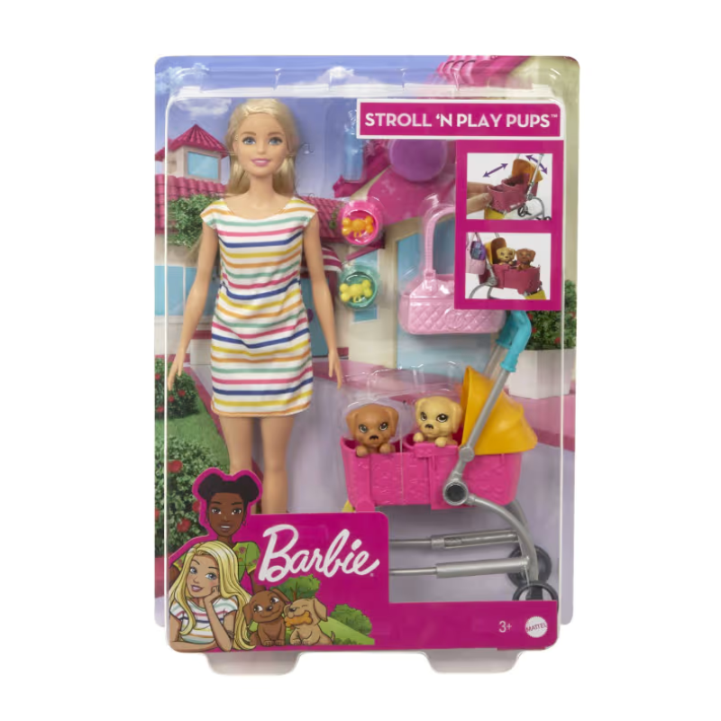 Barbie Stroll and Play Pups Playset with Blonde Barbie Doll 2 Puppies Pet Stroller. Animal lovers can help Barbie doll take her pups on the go with the Barbie Stroll 'n Play Pups playset GHV92 thumbnail