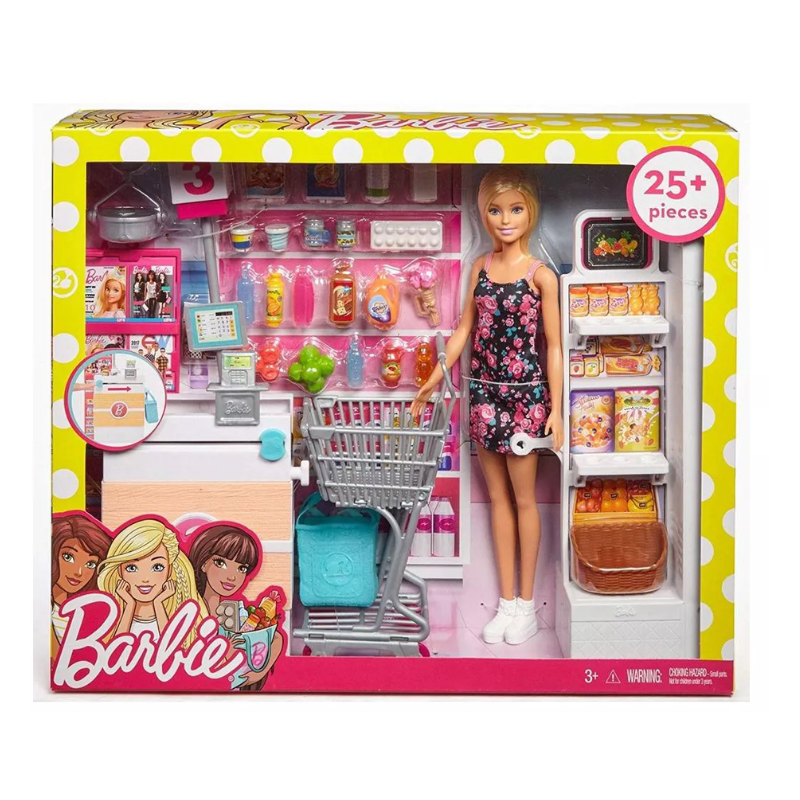 Barbie Supermarket Includes 25 grocery products. This vibrant supermarket playset features lively and interactive elements, sparking imaginative play while offering children a fun way to learn about grocery shopping and nutrition. FRP01 thumbnail