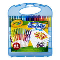 Crayola Super Tips Washable Markers and Paper Set 65 Piece Art Kit. This set features 25 washable super tip markers in a range of vibrant colors, ideal for crafting bold and beautiful artwork without the concern of stubborn stains. 04-5226