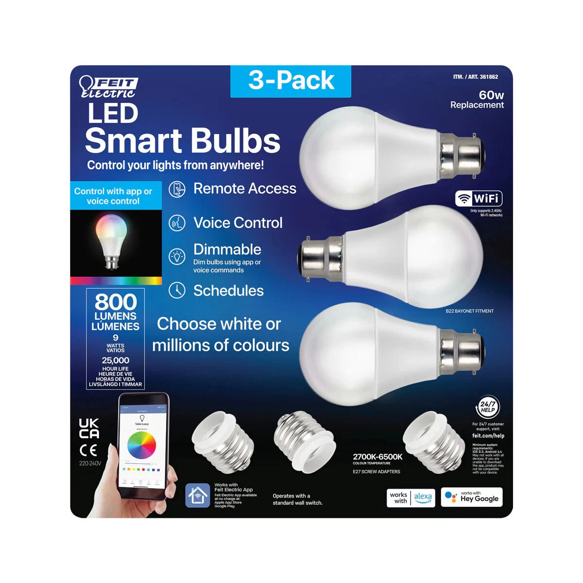 FEIT Colour-Changing Smart LED Bulb — 3-Pack, Wi-Fi, E27 & B22 Bases, RGB + Tunable White
