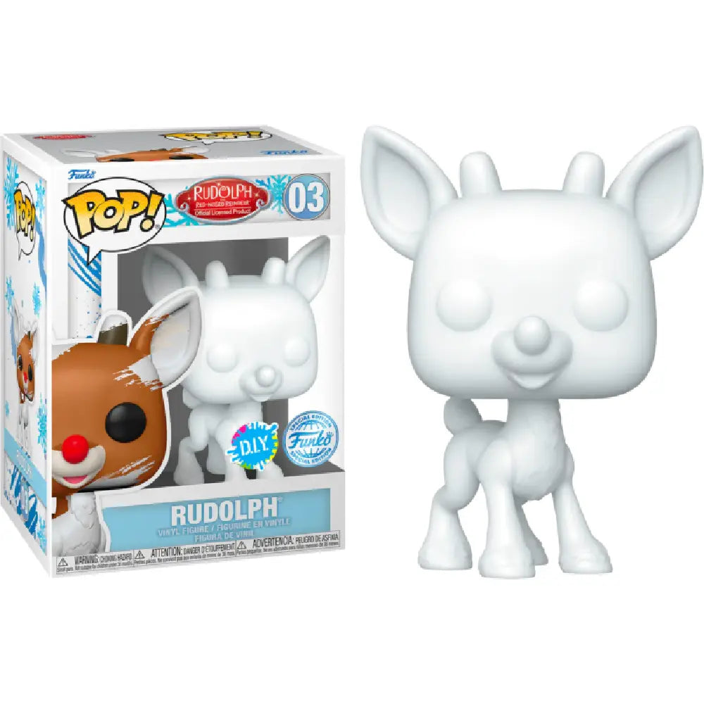 FUNKO Pop! Movies: Rudolph The Red Nosed Reindeer - Rudolph *DIY* Walmart Exclusive. This special edition features Rudolph in his classic pose but arrives in an unpainted, blank format—perfect for those looking to unleash their creativity. F-73927 thumbnail