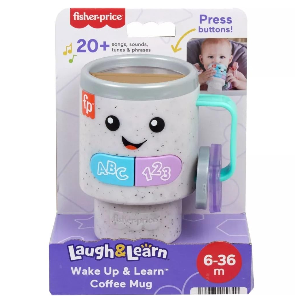Fisher-Price Baby & Toddler Toy Laugh & Learn Wake Up & Learn Coffee Mug. Safe Play Design Made with safe, baby-friendly materials, this toy is both durable and easy for little hands to hold, offering a secure and enjoyable play experience. HRP35 thumbnail