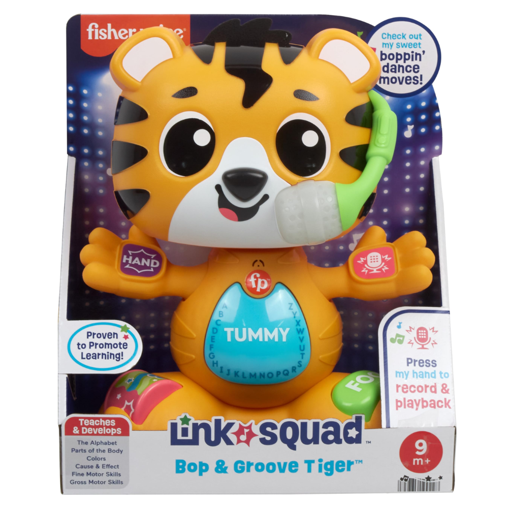 Fisher-Price Link Squad Bop & Groove Tiger Baby Learning Toy with Music & Lights. Colorful lights flash in harmony with the music, drawing infants' attention and providing visual stimulation to aid their sensory development. HTX04 thumbnail