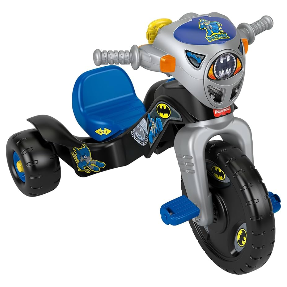 Fisher-Price Toddler Tricycle DC Super Friends Batman Lights & Sounds Trike. This trike lights up and plays action-packed sounds to enhance the fun. It also comes with a toy walkie-talkie that features voice lines from Batman himself. HCF39 thumbnail