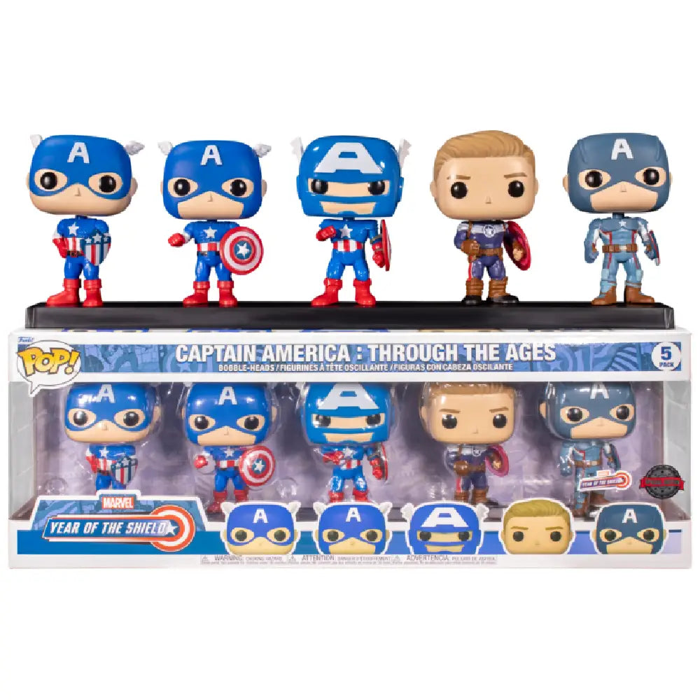 Funko Pop! Marvel: Year of The Shield - Captain America Through The Ages 5 Pack.  This exclusive set includes five unique versions of Captain America, each symbolizing a different era in the character’s storied history. F-55482
