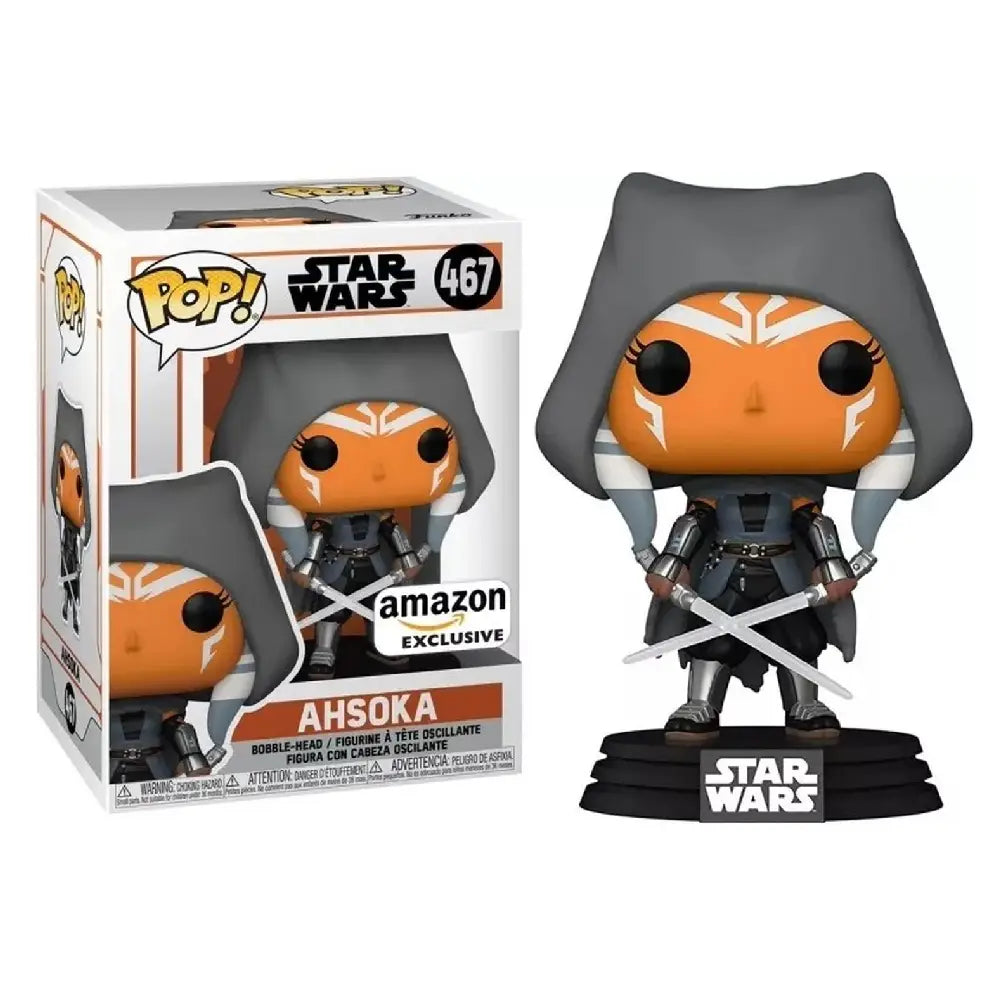 Funko Pop! Star Wars: The Mandalorian - Hooded Ahsoka with Dual Sabers. This exclusive figure features Ahsoka Tano, the iconic former Jedi Knight, depicted in her signature hooded look from the show. F-58285 thumbnail