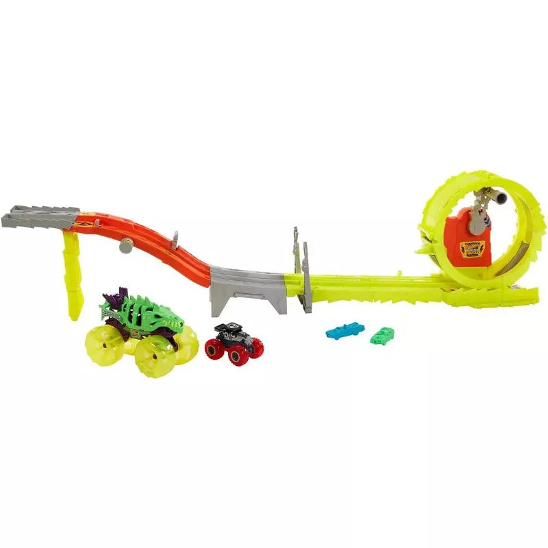 Hot Wheels Monster Trucks Power Smashers Charge & Chase Challenge Track Set With Oversized Skelesaurus, 1:64 Scale Bone Shaker & 2 Crushed Cars thumbnail