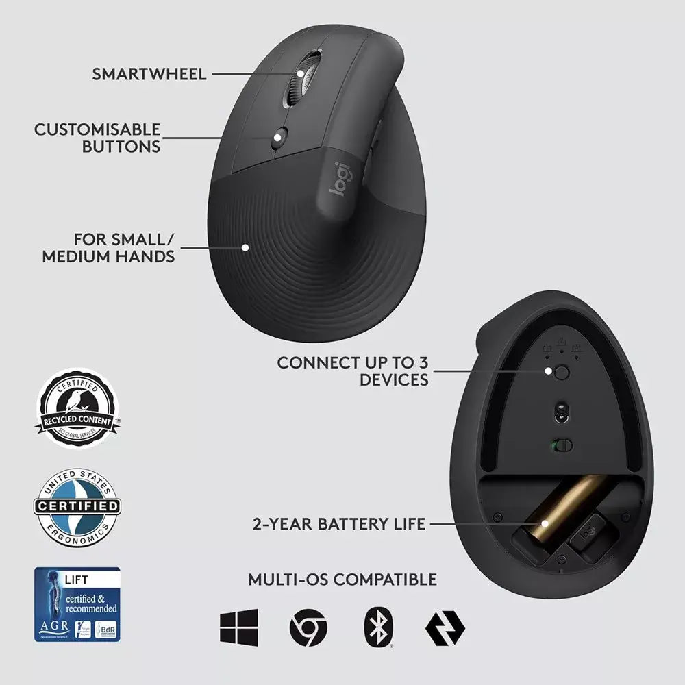 Logitech Lift Left, Vertical Ergonomic Mouse - Left-Handed 910-006492 thumbnail