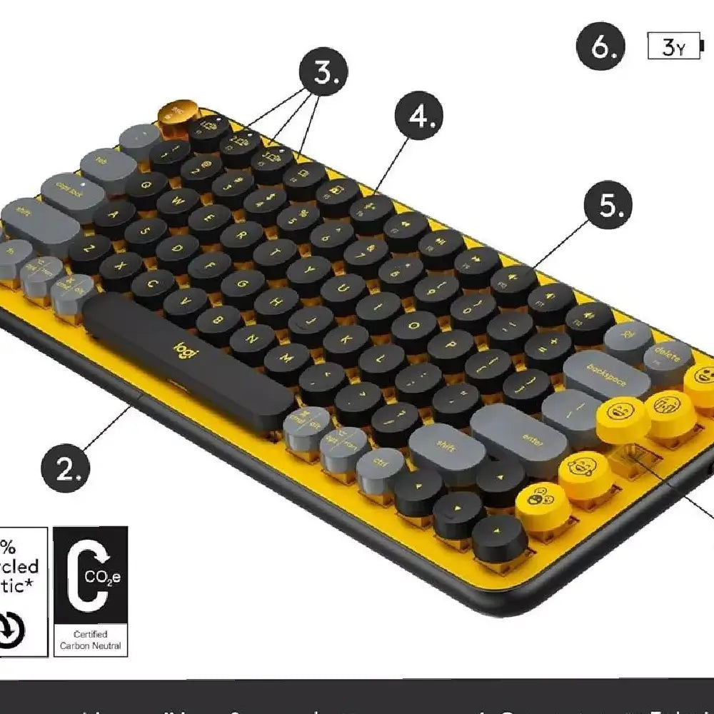 Logitech POP KEYS WIRELESS MECH KEYBOARD BLAST YELLOW WITH EMOJI KEYS. Express your digital personality with 8 interchangeable emoji keys and a dedicated emoji menu key on this retro-inspired mechanical keyboard. 920-010707 thumbnail