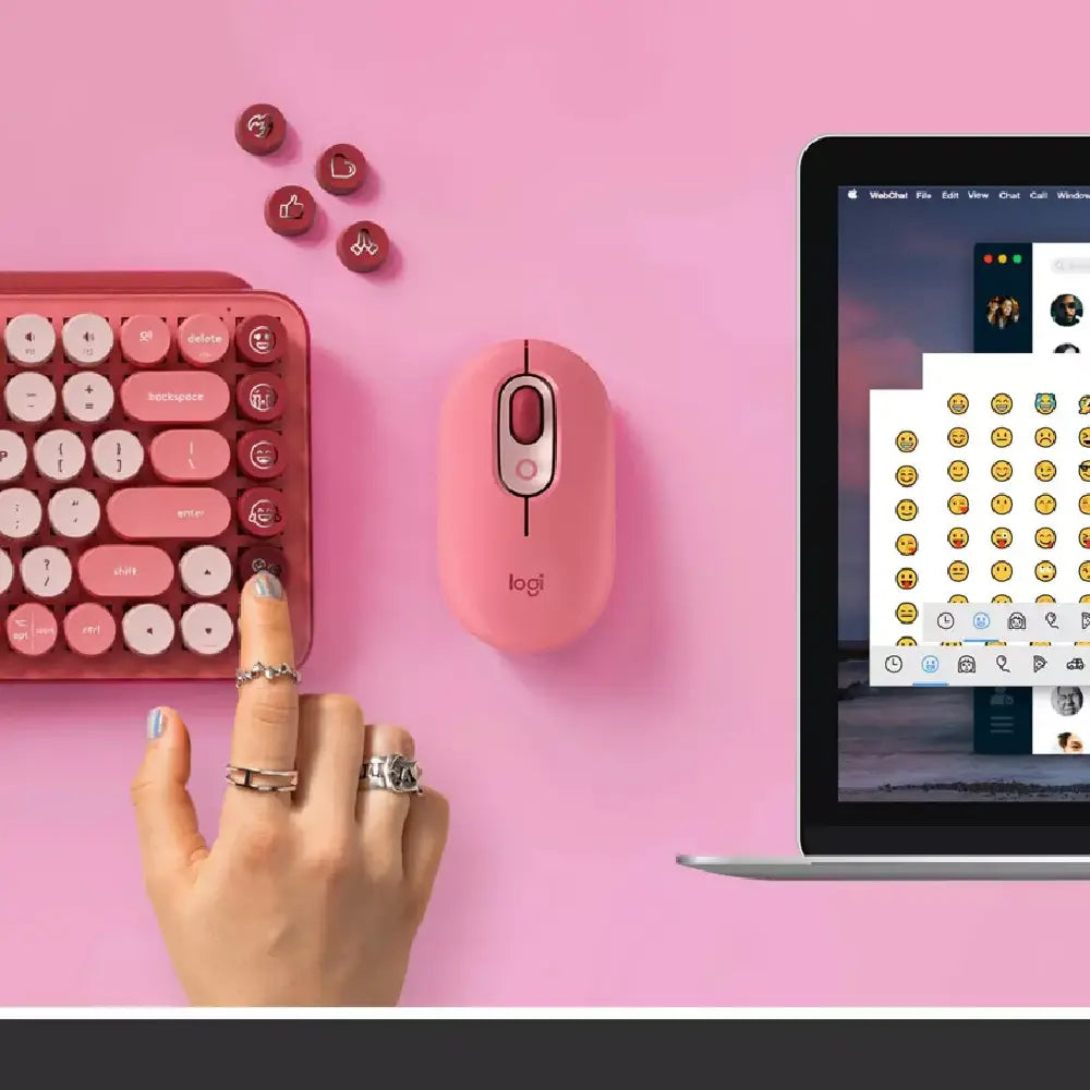 Logitech POP Keys Wireless Bluetooth Mechanical Keyboard - Rose. Designed for both style and function, POP Keys includes 8 swappable emoji keys (4 pre-installed, 4 extra in the box) and 1 dedicated emoji menu key. 920-010709 thumbnail