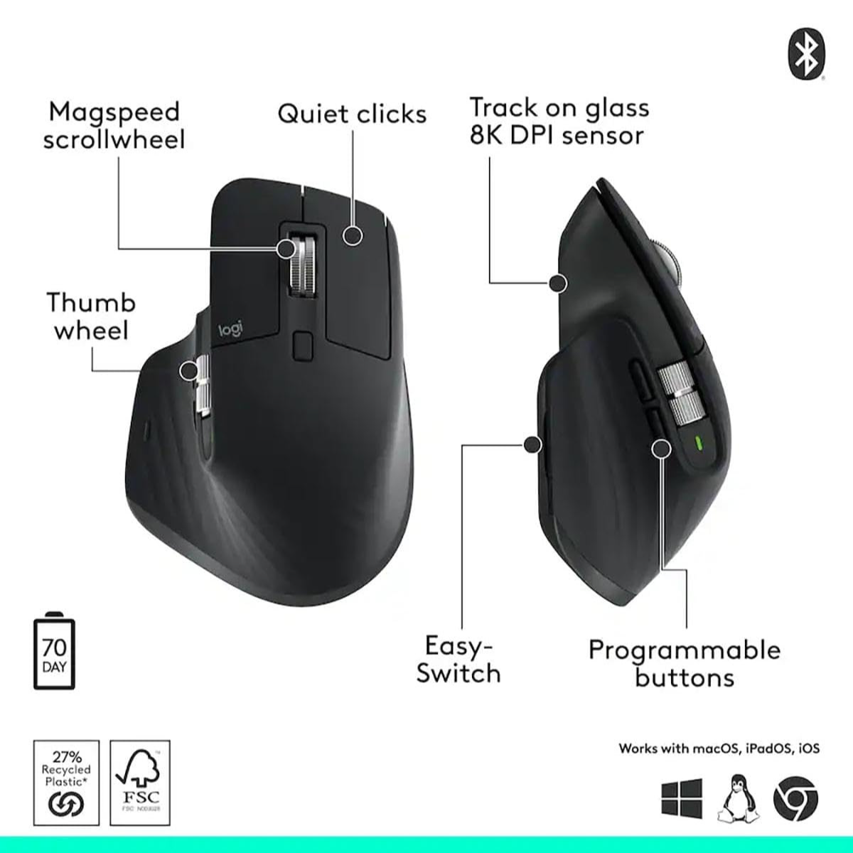 Logitech MX Master 3S Performance Wireless Mouse with Ultra-Fast Scrolling, Ergonomic Design, 8K DPI Sensor, Track on Glass, Quiet Clicks, Bluetooth & USB Receiver, Black thumbnail