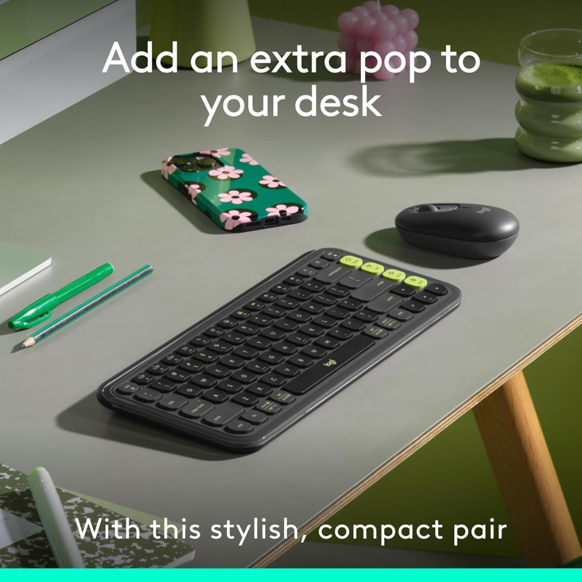 Logitech POP ICON Combo, Bluetooth Keyboard and Mouse Combo, Comfortable Typing, programmable Keys and Buttons, Quiet clicks, Easy-Switch up to 3 Devices - Graphite and Lime thumbnail