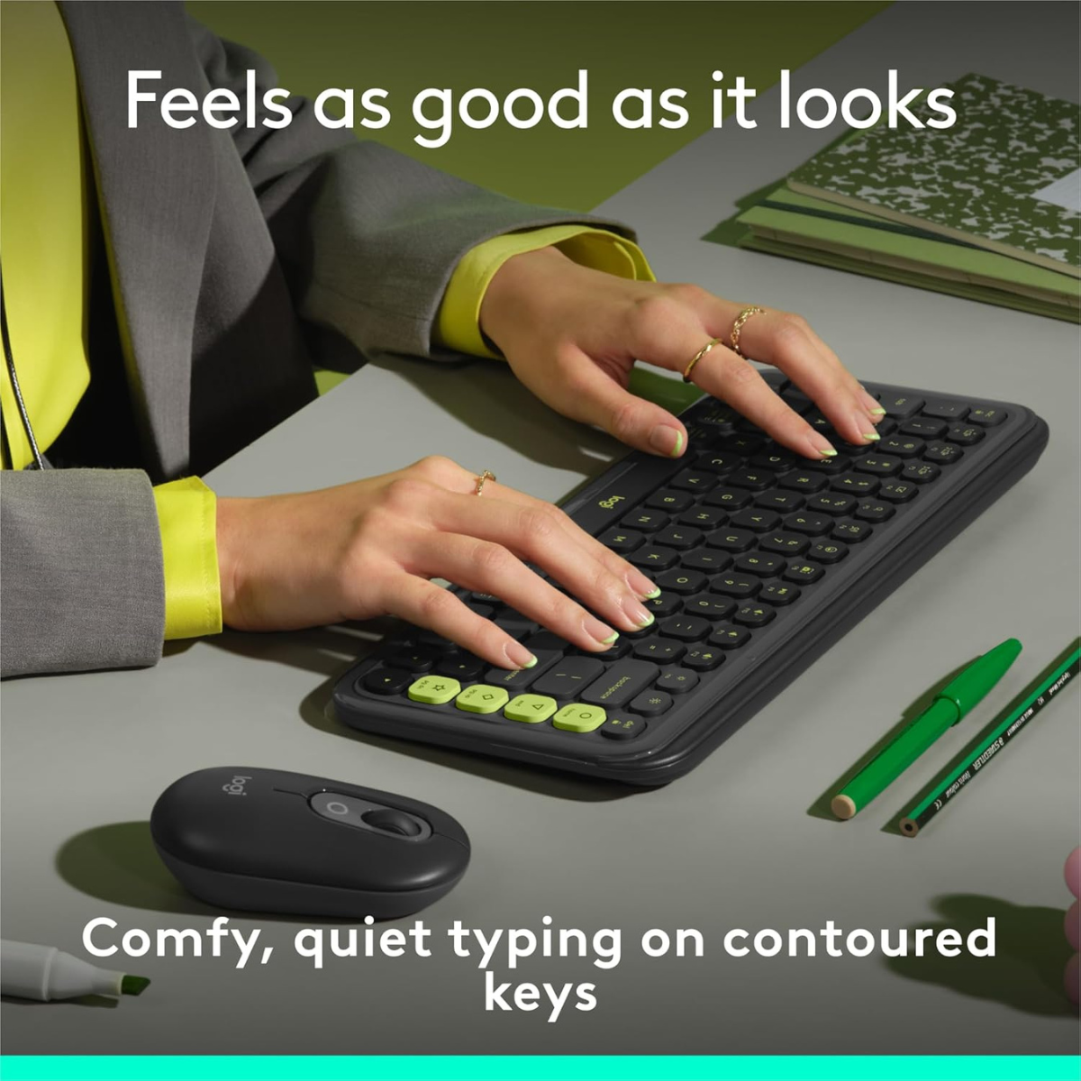 Logitech POP ICON Keys Wireless Bluetooth Keyboard, Comfortable Typing, Programmable Keys, Easy-Switch Between up to 3 Devices, for Laptop, Tablet, PC – Graphite and Green thumbnail