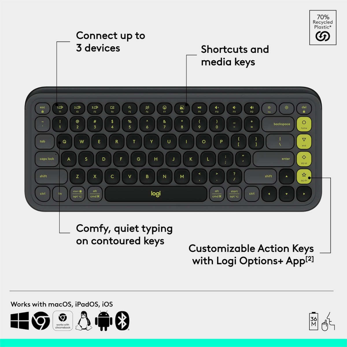 Logitech POP ICON Keys Wireless Bluetooth Keyboard, Comfortable Typing, Programmable Keys, Easy-Switch Between up to 3 Devices, for Laptop, Tablet, PC – Graphite and Green thumbnail
