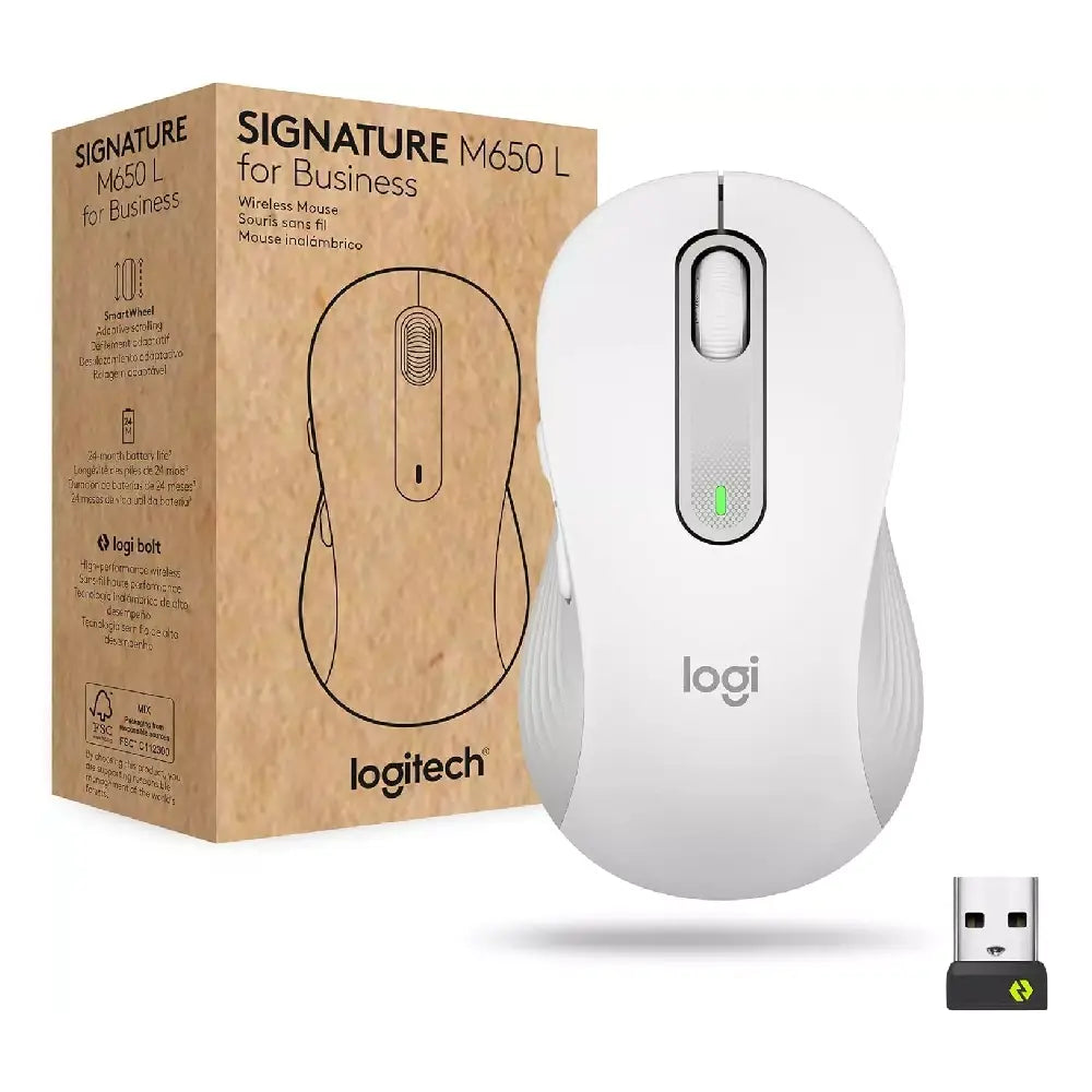 Logitech Signature M650 L for Business Wireless Mouse, Off White. The Signature M650 for Business is a user-friendly mouse designed for quick deployment and boosts productivity by 50% compared to using a laptop touchpad¹. 910-006347 thumbnail