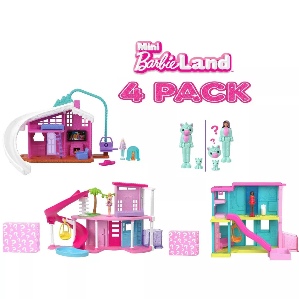 Mini BarbieLand Playset 4-Pack Bundle by Mattel, Includes Mini Barbie Houses & Rooms with 1.5-Inch Mini Barbie Dolls and Themed Accessories thumbnail