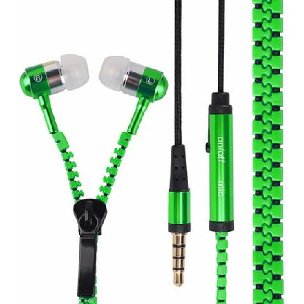 No Tangle, ZIPPER EARPHONES with Mic, Earbud, GREEN thumbnail