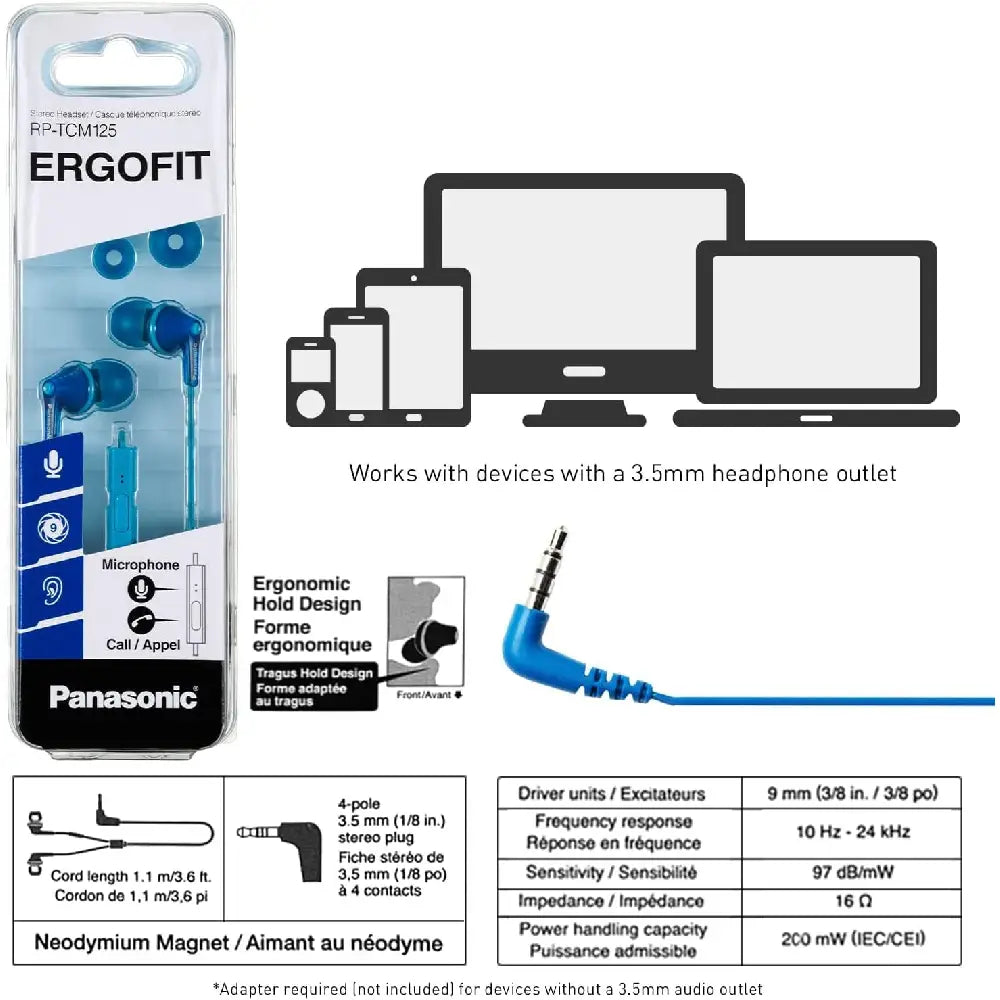 PANASONIC ErgoFit Earbud Headphones with Microphone RP-TCM125-A BLUE RP-TCM125-A thumbnail